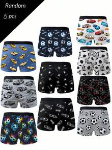 5 Random Pieces Teen Boys Boxer Briefs With Assorted Pixel Football And Car Prints, Skin-Friendly, Summer White Butter Yellow Black Modest - Grey - View 2