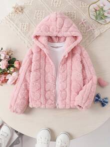 SHEIN Genkimix Kids 女童休閒毛絨夾克外套，粉紅色，前拉鍊，愛心圖案，連帽款，適合秋冬 - 粉色 - 查看 2