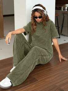 SHEIN EZwear 复古水洗宽松圆领短袖直筒裤套装，休闲家居服，秋冬 - 軍綠色 - 查看 4