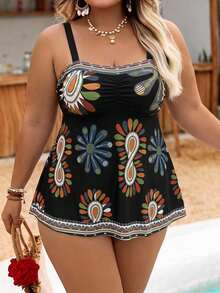 SHEIN CURVE+ Summerbeach Plus Size Women's Abstract Print High Waist Cami Ruffle Top And Bottom Bikini Set Beach Outfits Bathing Suits - Black - View 4