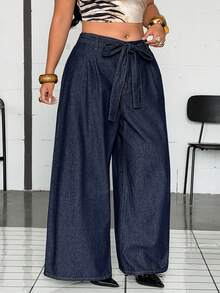Jeanoix Calça Denim Perna Larga Casual Tradicional Lavada com Cinto Plus Size Azul Marinho Formal Brunch Verão - Lavagem escura - Visão 4