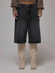 MUSERA Oversized Denim Longline Belt Detail Back Jort Shorts Autum Winter Streetwear Cool Girl Y2K Everyday Casual Sepia Spring Summer Dark Grey - Black - View 2