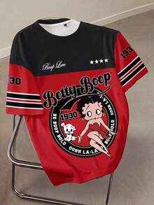 Betty Boop x SHEIN 大码夏季休闲撞色图案圆领短袖T恤 - 白色 - 查看 1