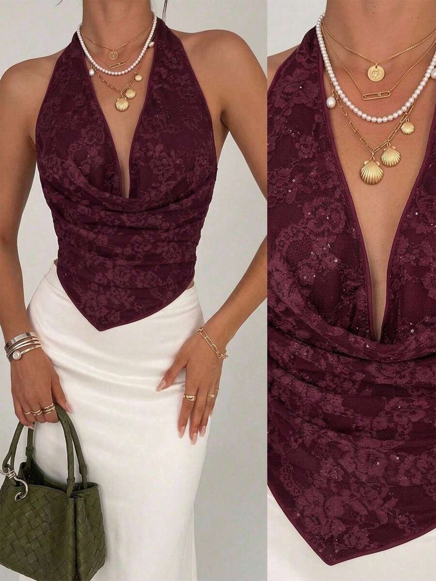 Firerie Atasan Halter Seksi Wanita dengan Motif Bunga dan Renda - Burgundy - View 1