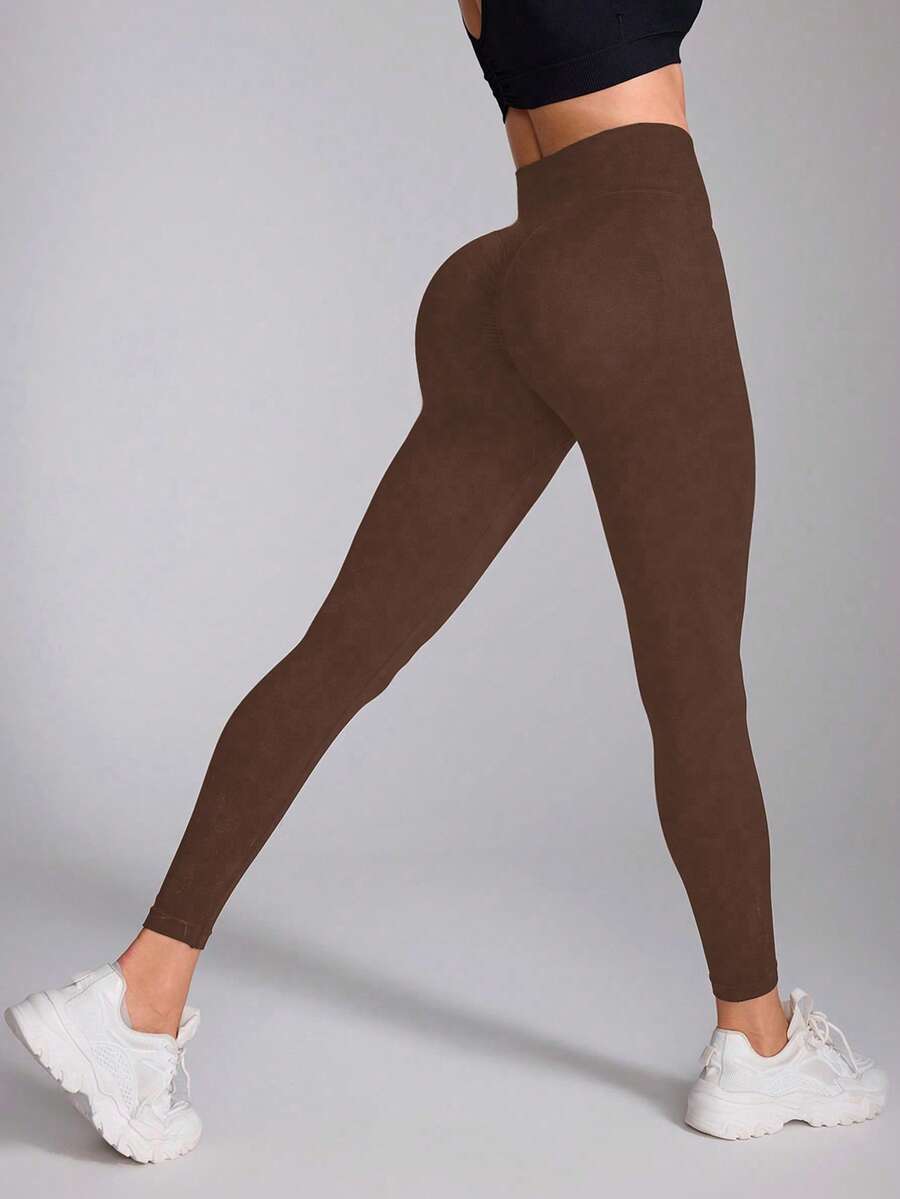 Easithlete Easithlete 女款純色高腰休閒日常旅行運動緊身褲 - 棕色 - 查看 1