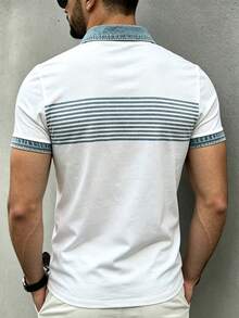Manfinity Dauomo 男士標準尺寸 POLO 衫，休閒商務藍白拼接 Polo 衫，辦公穿著，日常，優雅風格，舒適面料，極簡字母印花 Polo 衫 - 彩色 - 查看 2