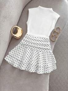 SHEIN Tall Summer Elegant Sleeveless Women's Short Dress With Polka Dot Hem - White - View 1