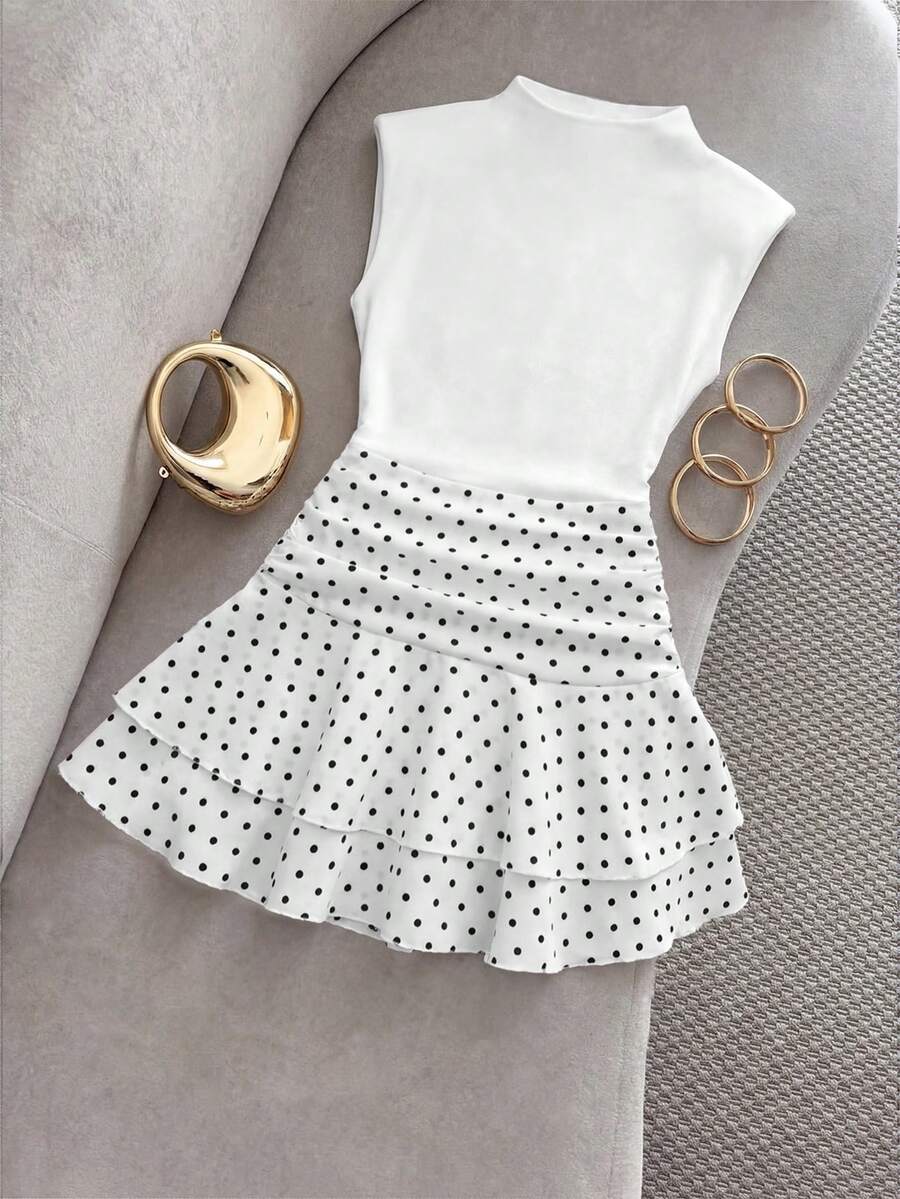 SHEIN Tall Summer Elegant Sleeveless Women's Short Dress With Polka Dot Hem - White - View 1