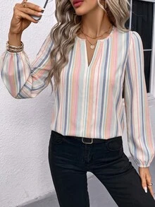 SHEIN LUNE Casual Minimalist Colorful Faux Texture Striped All-Over Print Pattern Women's Shirt Suitable For Spring And Autumn - Multicolor - View 6