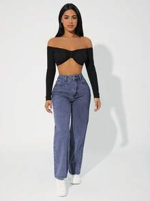 SHEIN PETITE 女款高腰直筒休閒牛仔褲，附口袋 - 深色水洗藍 - 查看 3