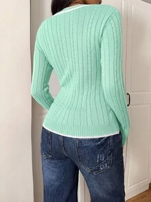 CovetEZ 女款拼色V領休閒日常套頭毛衣 - 綠色 - 查看 2
