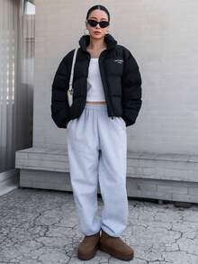 DAZY 女士字母印花短款棉衣，冬季女装，女士棉衣外套 - 黑色 - 查看 2
