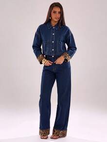 SHEIN BAE Women's Patchwork Leopard Print Cuff Single-Breasted Jacket And Pants Denim Set - Blue - View 6
