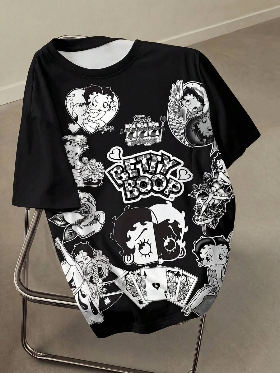 Betty Boop x SHEIN 大尺碼女款字母卡通圖案印花圓領短袖時尚簡約T恤,黑色,夏季外出正式街頭休閒穿搭 - 白色 - 查看 1