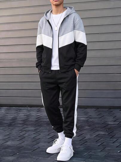 SHEIN 2pcs Kids Tween Boy Casual Daily Comfortable Colorblock Patchwork Hooded Zip-Up Jacket Loose Long Sleeve Outerwear And Loose Tapered Pants Woven 2-Piece Set