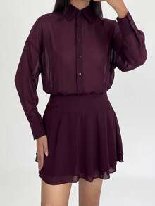 Firerie Deep Purple Red Drapey Chiffon Cinched Waist Ruffle Hem Short Mini Sexy Casual Dress - Red Violet - View 6