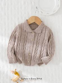 Cozy Pixies Baby Girl Solid Color Peter Pan Collar Long Sleeve Cardigan Sweater - Khaki - View 1