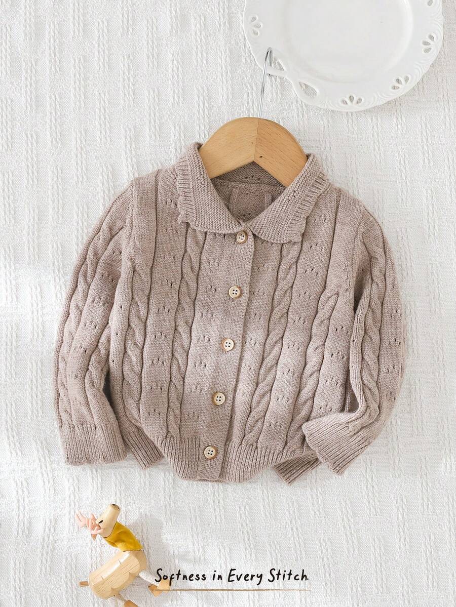 Cozy Pixies Baby Girl Solid Color Peter Pan Collar Long Sleeve Cardigan Sweater - Khaki - View 1