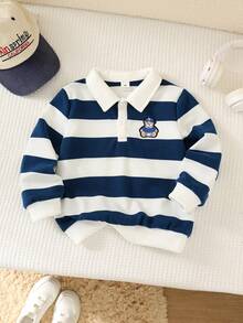 SHEIN Kids Young Boy Cartoon Bear Patch Striped Long Sleeve Polo Shirt - Multicolor - View 1