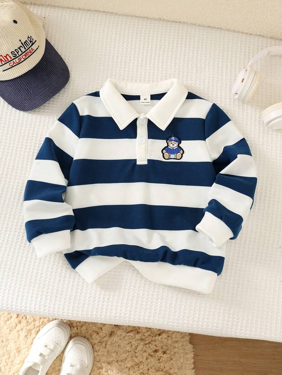 SHEIN Kids Young Boy Cartoon Bear Patch Striped Long Sleeve Polo Shirt - Multicolor - View 1