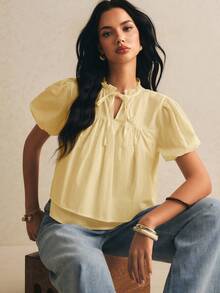 Poéselle Women's Summer Casual Solid Color Petal Sleeve Blouse - Light Yellow - View 6