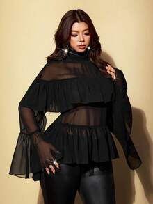 Viva Relle Plus Size Sexy Street Sheer Ruffle Hem Blouse - Black - View 2