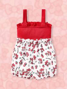 HELLO KITTY AND FRIENDS | SHEIN Baby Girl Cartoon Graphic Frill Trim Bow Front Slip Romper - Coral Pink - View 2