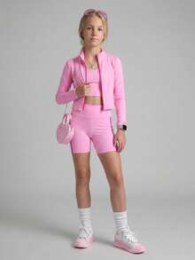 SHEIN 青少年女孩休閒日常百搭舒適修身純色撞色運動風秋冬套裝 - 粉色 - 查看 4