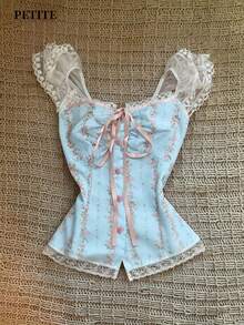 SHEIN PETITE 復古甜美風碎花蕾絲飾邊修身女式襯衫 - 藍色 - 查看 1