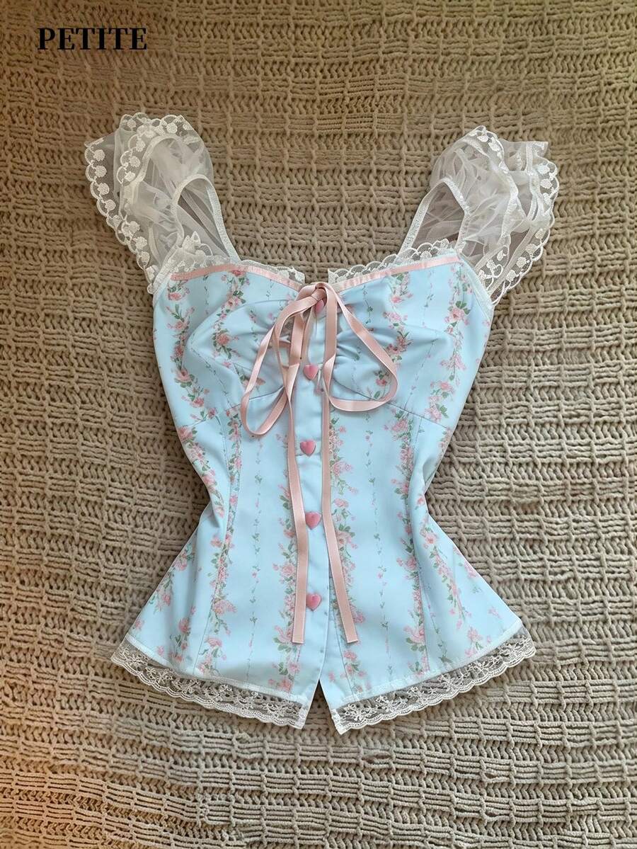 SHEIN PETITE 復古甜美風碎花蕾絲飾邊修身女式襯衫 - 藍色 - 查看 1