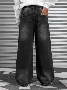 SHEIN 兒童青少年男孩休閒水洗寬腿牛仔褲 - 黑色 - 查看 2