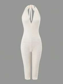 SHEIN Swim 女款新款白色花卉紋理布料掛脖式連身罩衫，性感蕾絲露背，沙灘/度假穿搭，透視短褲，度假風，派對 - 白色 - 查看 4
