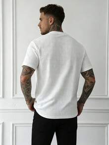 EGENSIO Men's Knitted Jacquard Solid Color Textured Collar Ribbed Cuff Pocket With Embroidered Lip T-Shirt - White - View 2