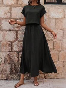 EMERY ROSE Women's Solid Color Simple Daily Wear Short Sleeve Skirt Set (Includes Skirt) - Black - View 1