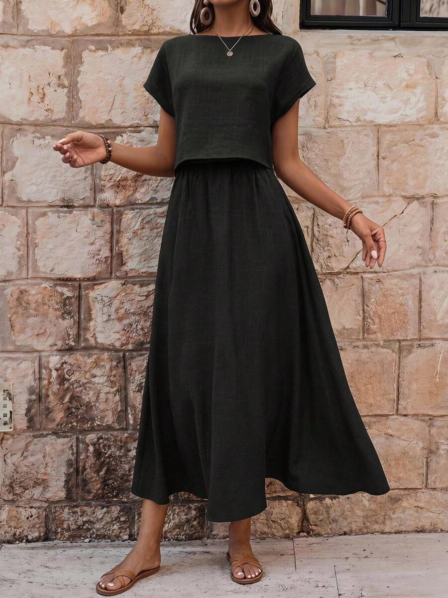 EMERY ROSE Women's Solid Color Simple Daily Wear Short Sleeve Skirt Set (Includes Skirt) - Black - View 1