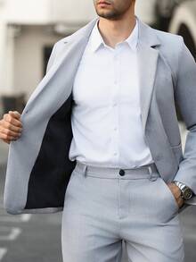 Manfinity Mode Men's Light Grey Suit Set, Autumn Business Casual Office Solid Color Casual Business Suit Featuring Pocket And Waistband Design For Daily Commute, Formal - Grey - View 7