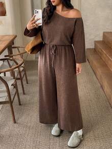 SHEIN Frenchy Plus Size Women Solid Color Asymmetric Neck Casual Daily Wear Jumpsuit Fall - Brown - View 4