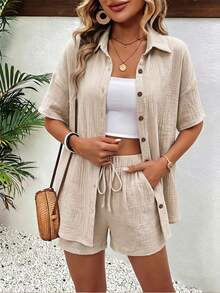 EMERY ROSE Women's Solid Color Short Sleeve Single-Breasted Shirt And Shorts 2 Pieces Set - Apricot - View 5