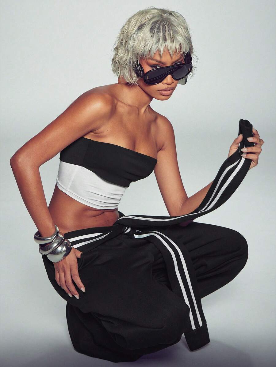 Normani 女款條紋腰部綁帶口袋寬腿休閒運動長褲 - 黑色 - 查看 1