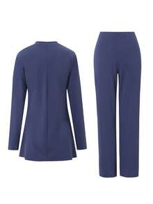 Swim Mulvari Indigo Blue Round Neck Long Sleeve Double Layer Asymmetrical Hem Loose Casual Sports Set - Multicolor - View 2