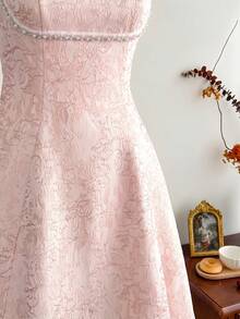 Vintamour Vintage Romantic Classic Elegant Women's Fitted Jacquard Dress With Pearl Trim, Spaghetti Strap Pink Umbrella Hem Party Vacation Wedding - Pink - View 5