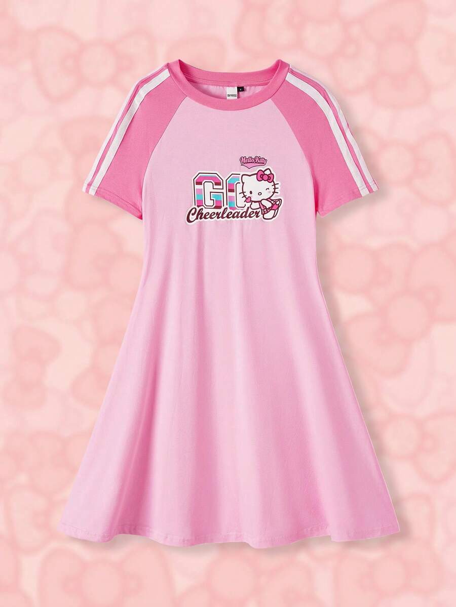 HELLO KITTY AND FRIENDS | SHEIN 女性休閒運動卡通和字母印花對比配色拉弦袖連衣裙,夏季 - 淺粉色 - 查看 1