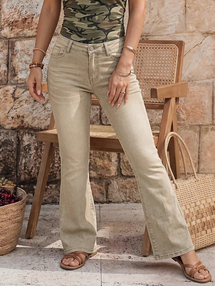 EMERY ROSE Solid Flare Leg Jeans - Apricot - View 1