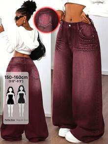 SHEIN PETITE بنطلون جينز نسائي كاجوال متعدد الاستخدامات للارتداء اليومي بساق واسعة مع جيوب وأزرار - عنابي اللون - مشاهدة 1