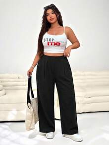 SHEIN EZwear 休閒大尺碼女款直筒黑色長褲，適合春夏、音樂節、派對 - 黑色 - 查看 4