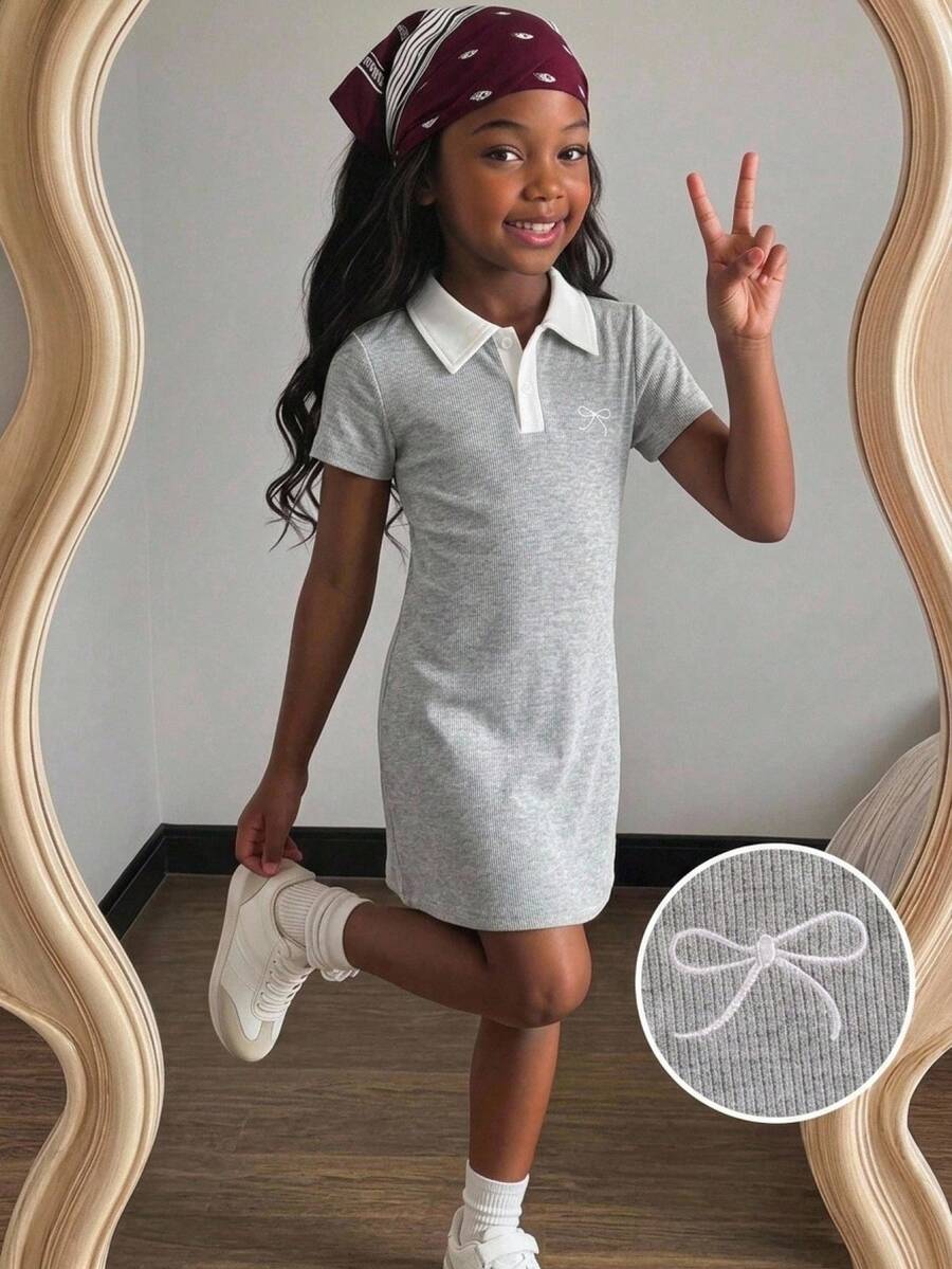 SHEIN Gaun Rajut Lengan Pendek Kerah Polo Setengah Kancing dengan Bordir Pita Kasual Elastis Nyaman untuk Anak Perempuan, Musim Panas - Grey - View 1