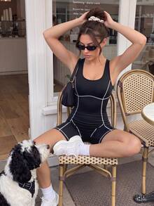 Dewbera Dewbera Athletic Casual One-Piece Jumpsuit With Built-In Chest Pads, Split Seam Design, Slim Fit Patchwork Tight Shorts With Butt-Lifting Effect - Black - View 9