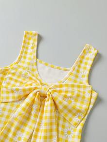 1件女童春夏復古甜美風波點印花方領無袖鬱金香洋裝，大蝴蝶結露背裝飾，適合生日派對與日常穿著 - 黃色 - 查看 10