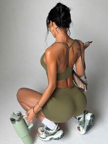 Slayform Slayform 2pcs Women's Seamless Adjustable Strap Scoop Neck Sports Bra And 3/4 Shorts Workout Athleisure Athletic Set For Running Fitness Olive Green - Army Green - View 10