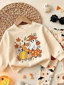 Oo Cute To Spook 嬰兒女童萬聖節套裝，可愛幽靈與南瓜印花衛衣搭配蜘蛛網圖案內搭褲（2件組），秋季服飾系列 - 彩色 - 查看 4